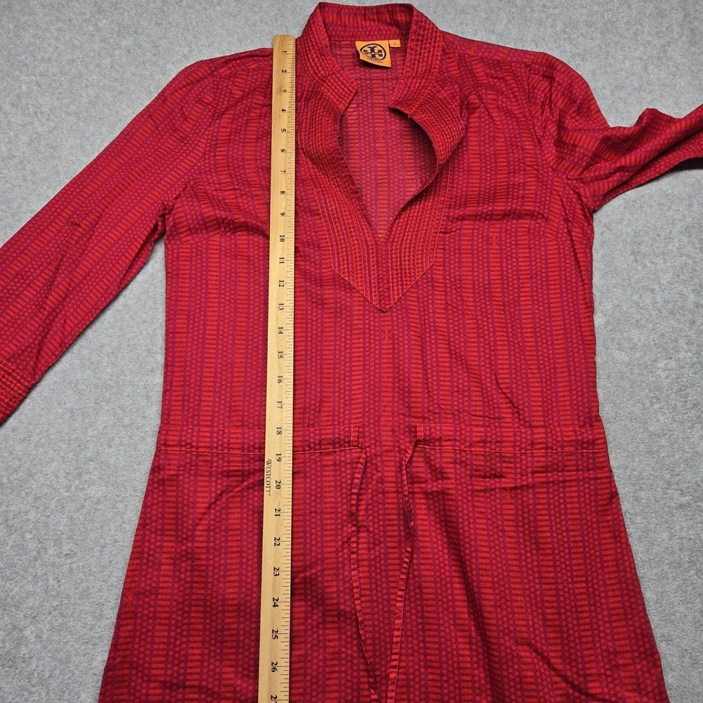 Tory Burch Dress Womens 2 Red Geometric Print Tunic Split Neck Waist Tie Boho‎